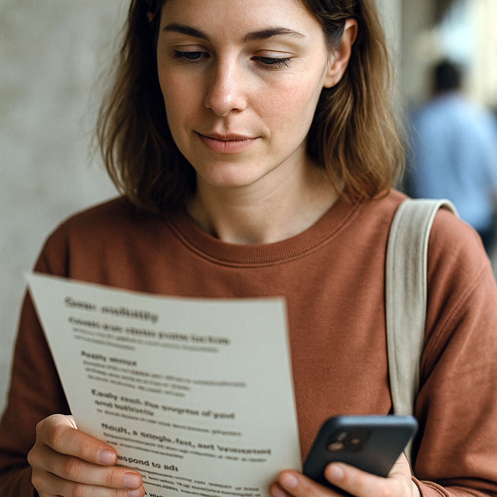 Une candidate lit une annonce d’emploi, son téléphone à la main