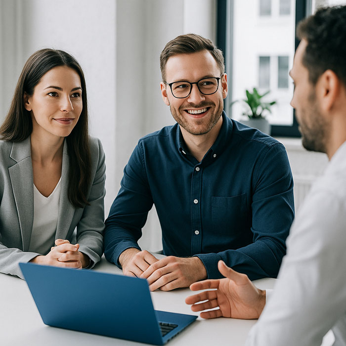 Deux recruteurs souriants en entretien avec un candidat, autour d’un ordinateur portable