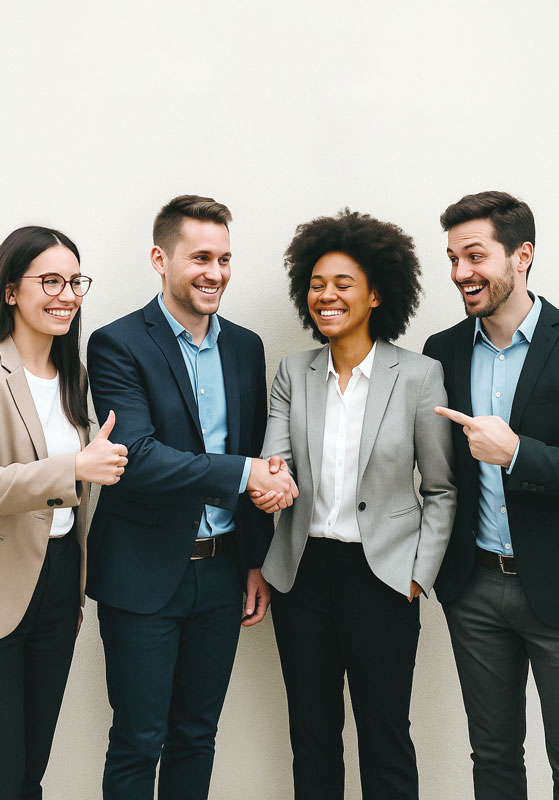 Quatre collègues souriants félicitent une nouvelle collaboratrice par une poignée de main